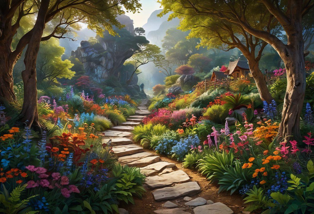 An adventurous scene depicting a diverse group of adults exploring a vibrant and enchanting landscape filled with colorful flora and fauna, rich textures, and hints of mystery. The central focus is on pleasure and exploration, showcasing joy and connection within an inviting setting. Include elements like a winding path leading to hidden delights, warm lighting, and a sense of allure. super-realistic. vibrant colors. enchanting atmosphere.