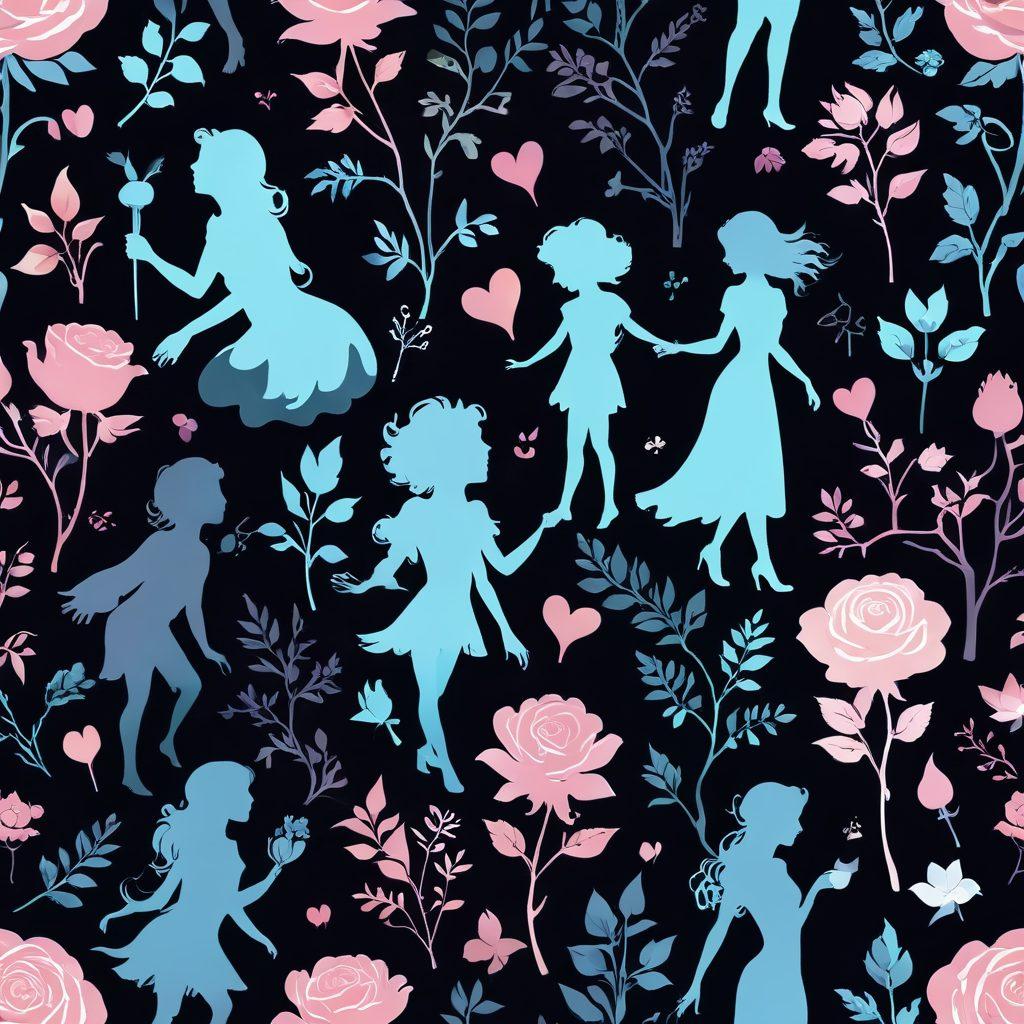A visually striking illustration of a diverse range of silhouettes representing various fantasies, seamlessly blending from X-rated to sensual. Include subtle symbols like roses, hearts, and playful imagery to convey a journey of exploration and desire. The background transitions from dark, sultry colors to soft pastels, embodying the spectrum of adult content. Ethereal lighting creates a dreamy atmosphere. super-realistic. vibrant colors. abstract style.